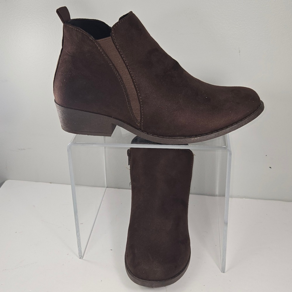 Chelsea Boots Womens 10 Brown Faux Suede Side Zip Ankle Booties Low Heel